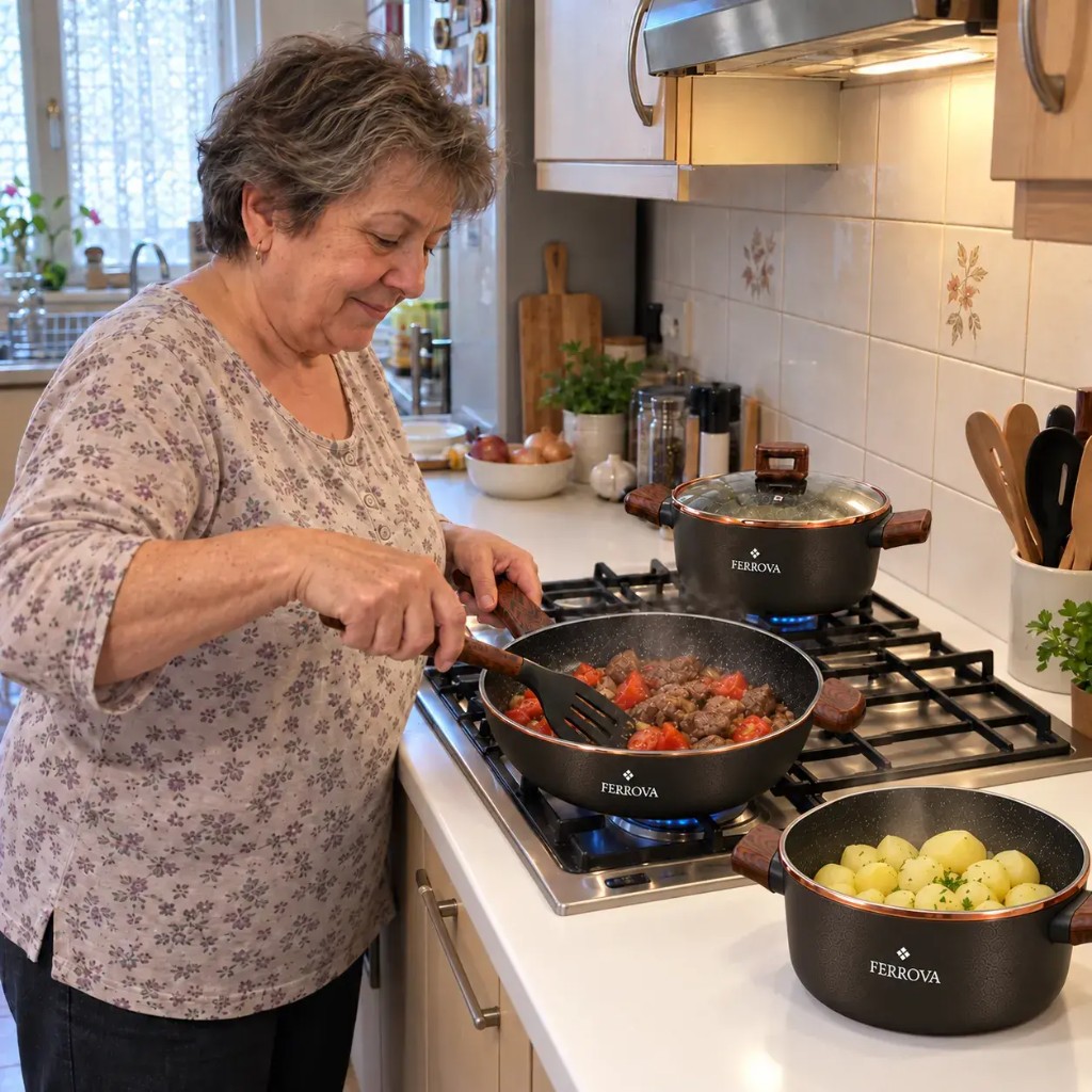 Tägliches Kochen mit dem Topfset in der Küche