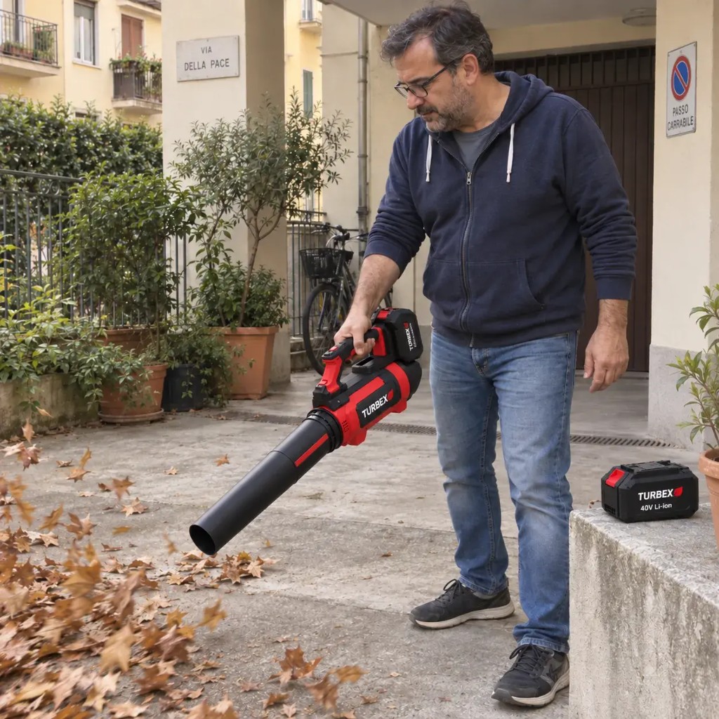 Turbex — Manuel R. con il soffiatore a doppia batteria